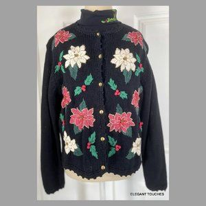 Bechamel Petite Christmas Poinsettia Black Sweater PL Holly Turtleneck Top LOT 2